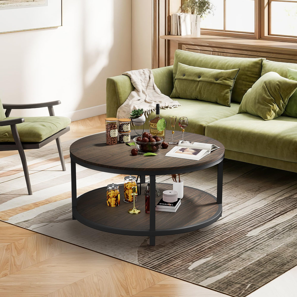 36" Round 2-Tier Coffee Table with Storage Shelf, Black Walnut F95421