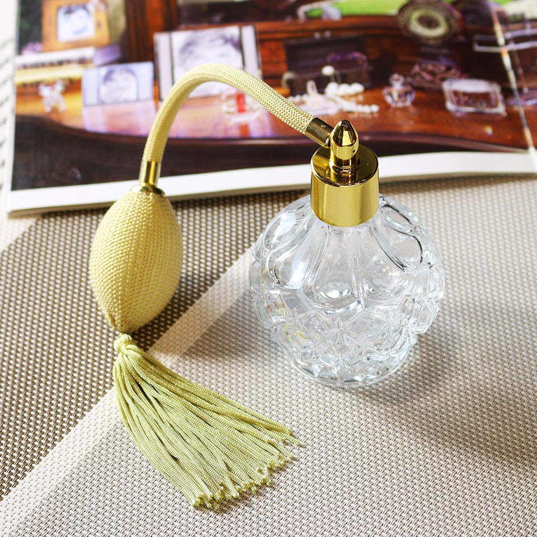 Clear Checked Carved Glass Refillable Perfume Bottle with Spray Atomizer, Pack of 2 N585