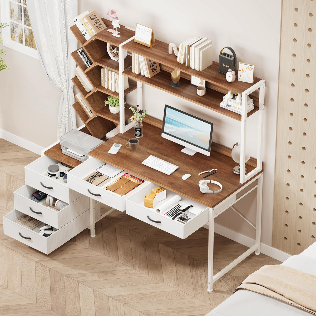 52" Computer Desk with Bookshelf, 5 Drawers & Hutch E27550