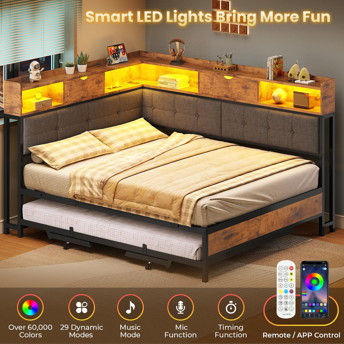Black Corner Full Bed Frame with Trundle U809