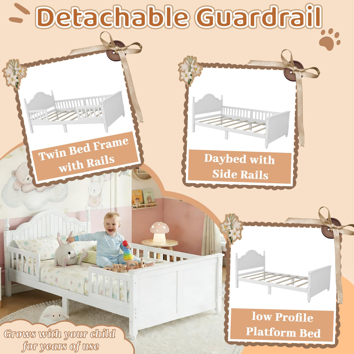 White Twin Bed Frame with Headboard and Rails I450