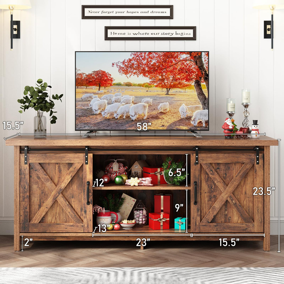 Farmhouse TV Stand with Adjustable Shelves & Sliding Barn Door M532865