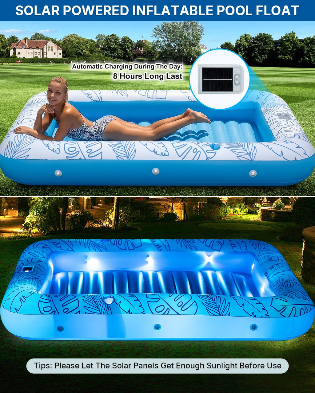 Inflatable Tanning Pool Float with Lights and Pillow J243689
