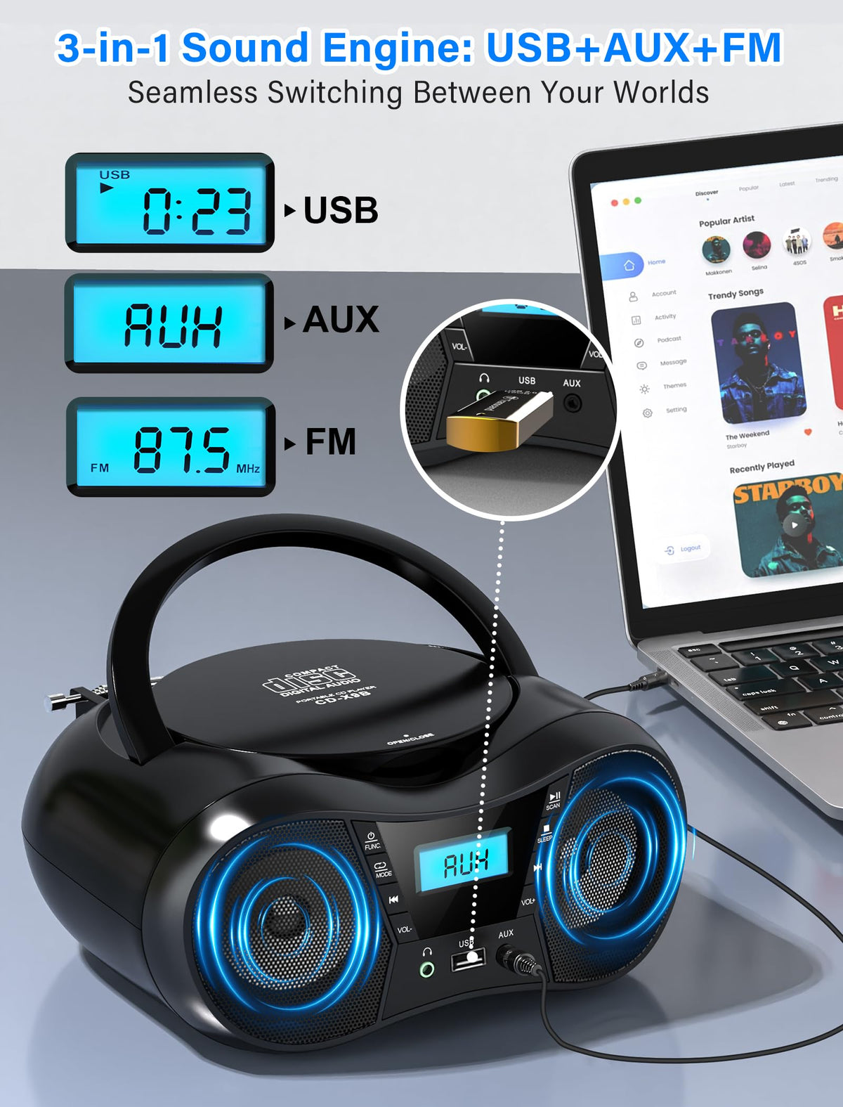 Portable Boombox CD Player with Bluetooth D860