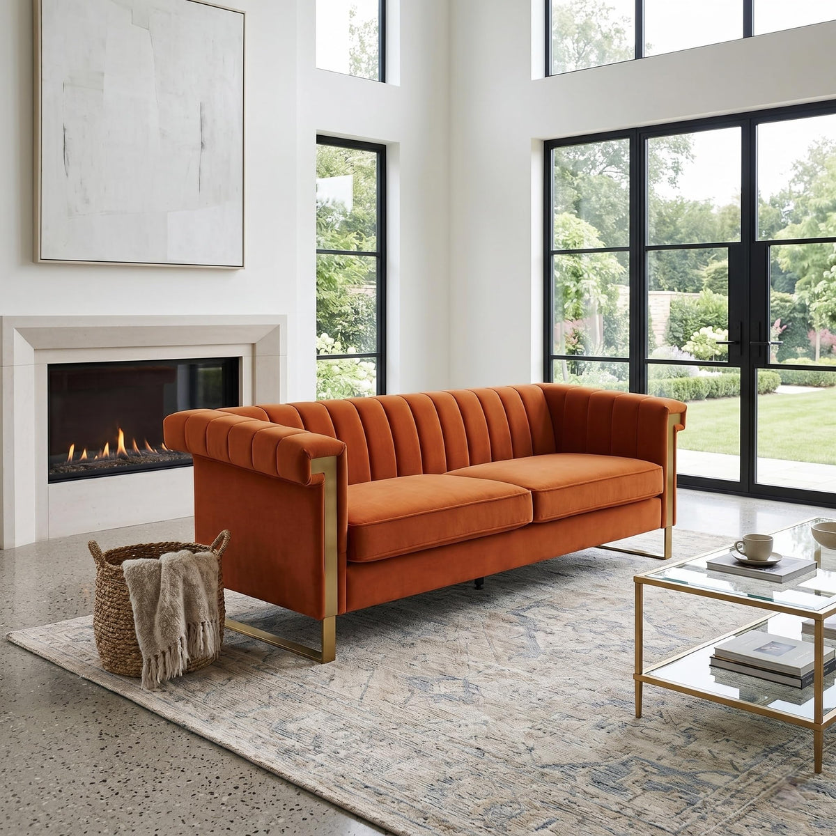 Orange Velvet 3 Seater Sofa with Gold Metal Legs P184203