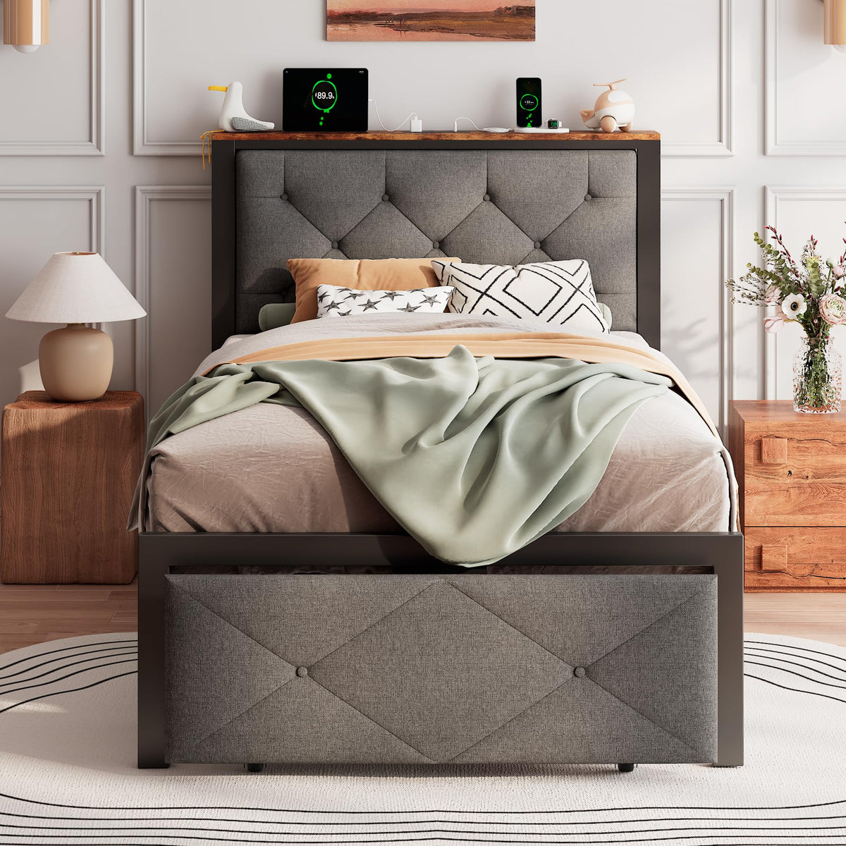 Twin Metal Platform Bed Frame with Storage Drawers and Headboard M9817