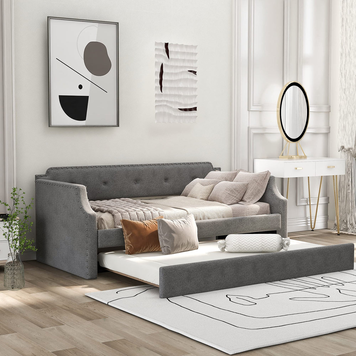Twin Size Gray Linen Upholstered Daybed with Trundle J736