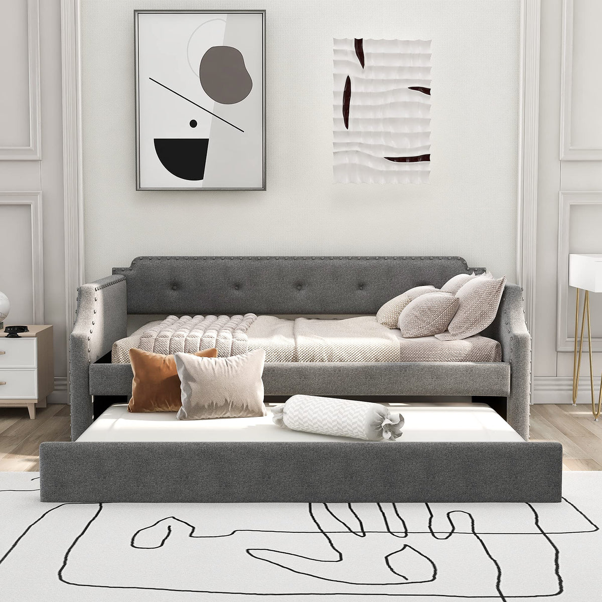 Twin Size Gray Linen Upholstered Daybed with Trundle J736