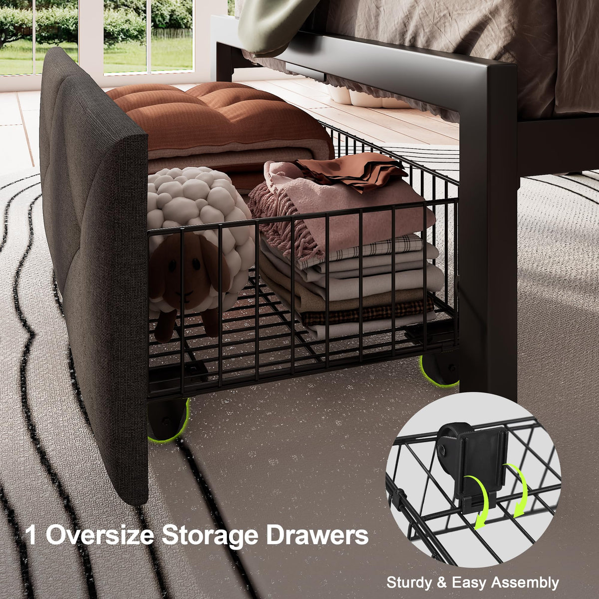 Twin Metal Platform Bed Frame with Storage Drawers and Headboard M9817