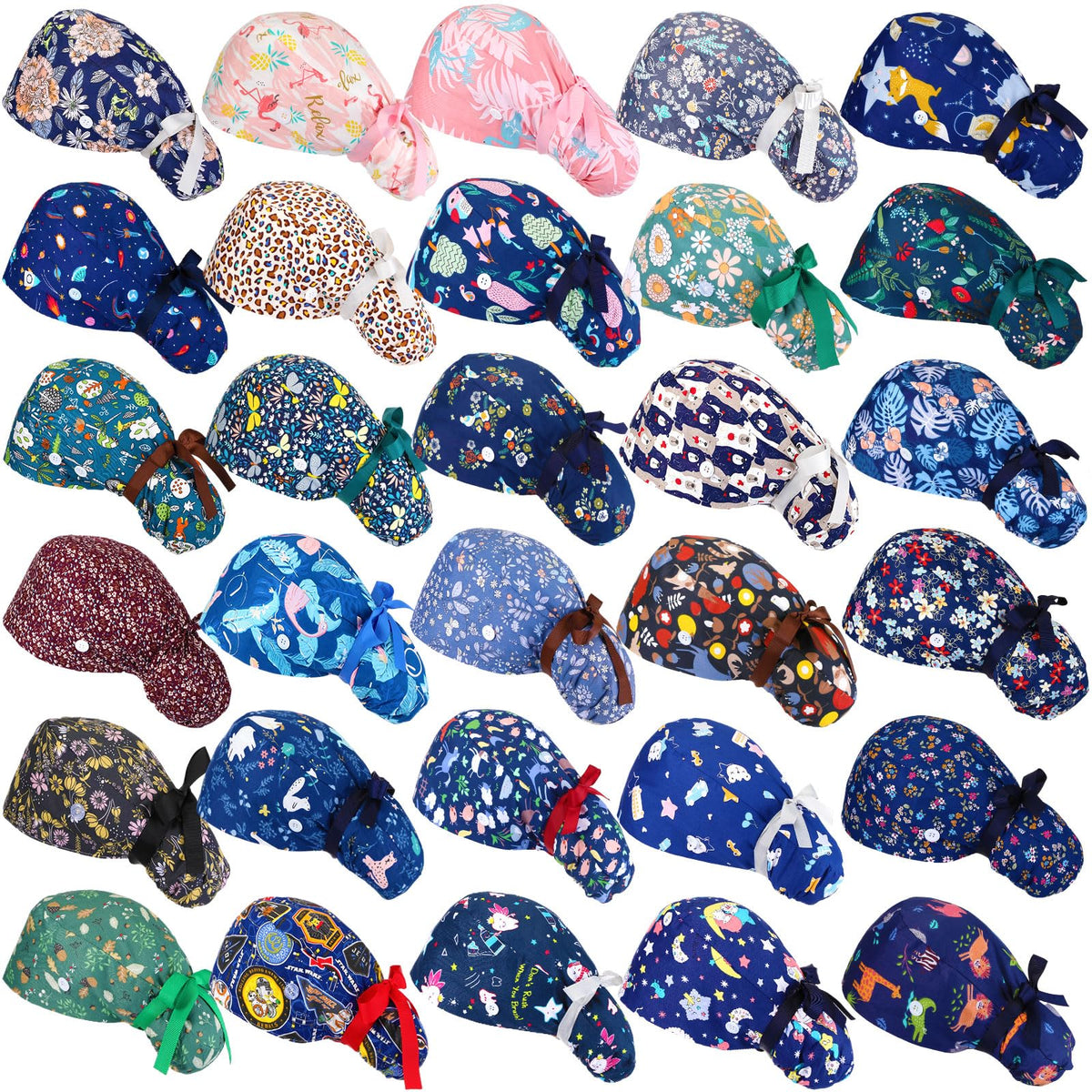 30 Pcs Scrub Caps with Buttons and Ribbon T58469