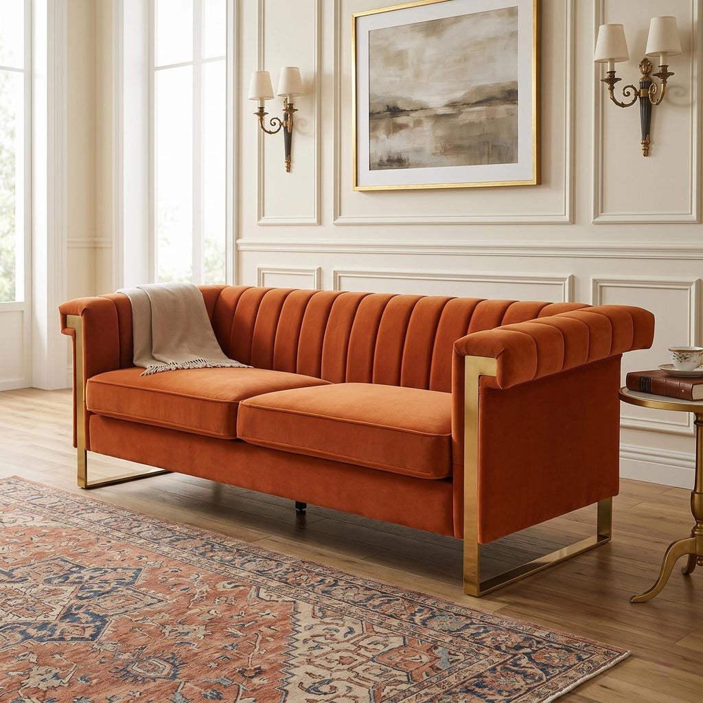 Orange Velvet 3 Seater Sofa with Gold Metal Legs P184203