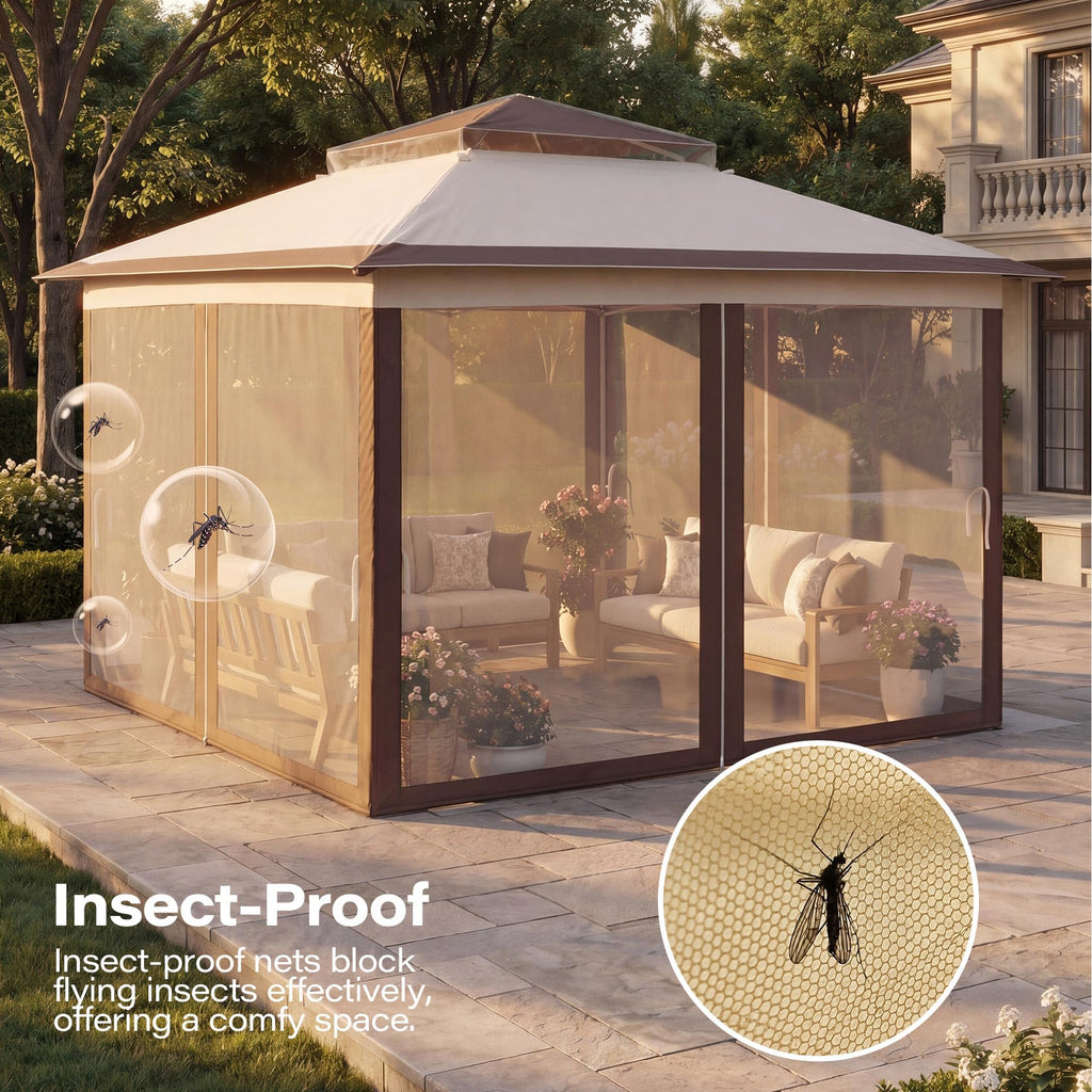 12x12 Pop Up Gazebo Canopy Tent with Mosquito Netting, Khaki J175