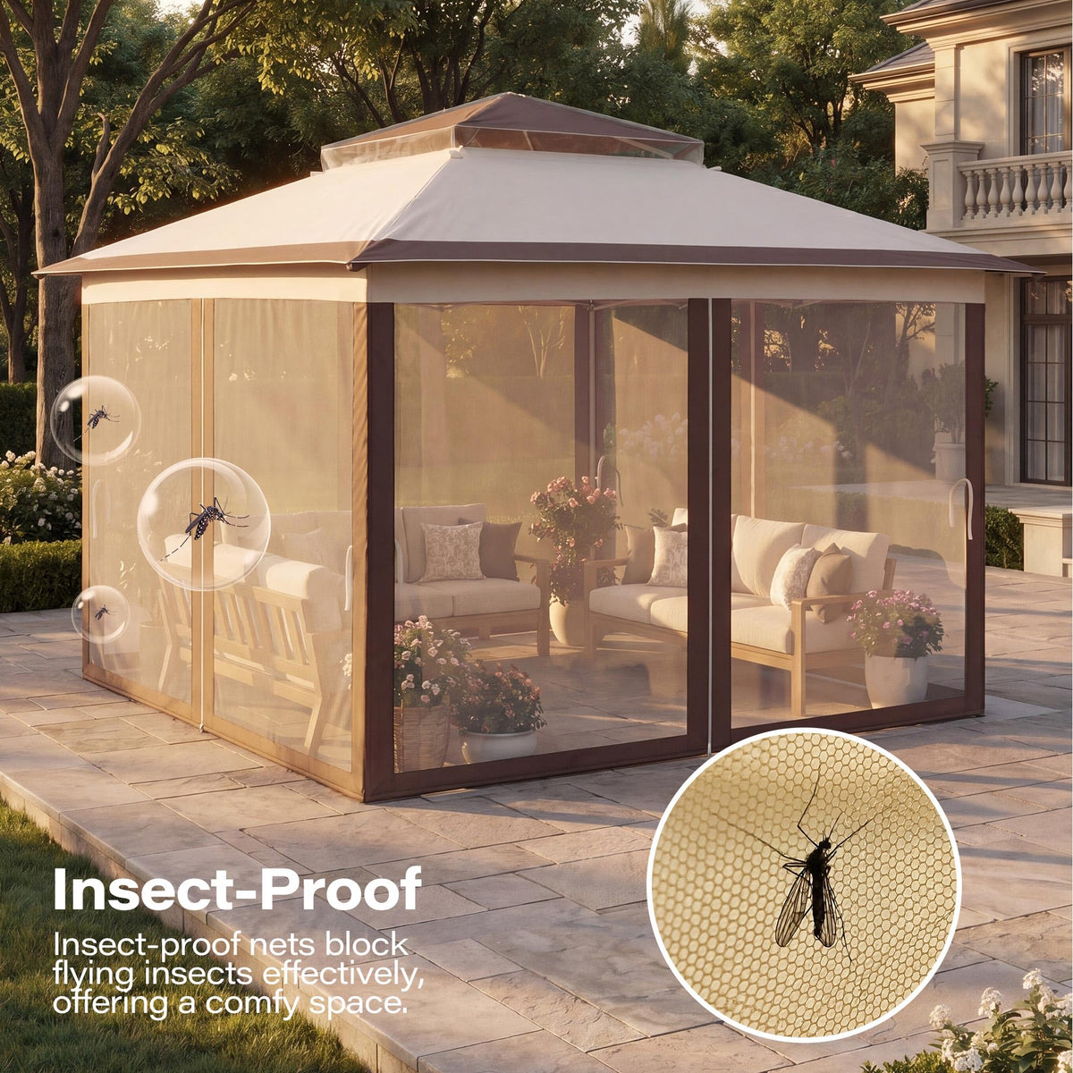 12x12 Pop Up Gazebo Canopy Tent with Mosquito Netting, Khaki J175