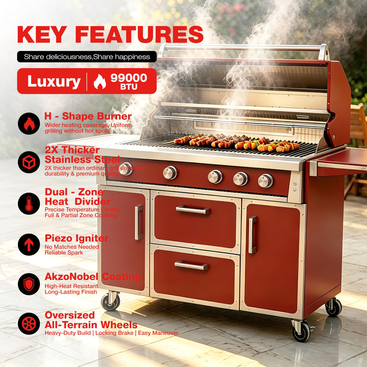 49" 5-Burner Red Propane Gas BBQ Grill H90408