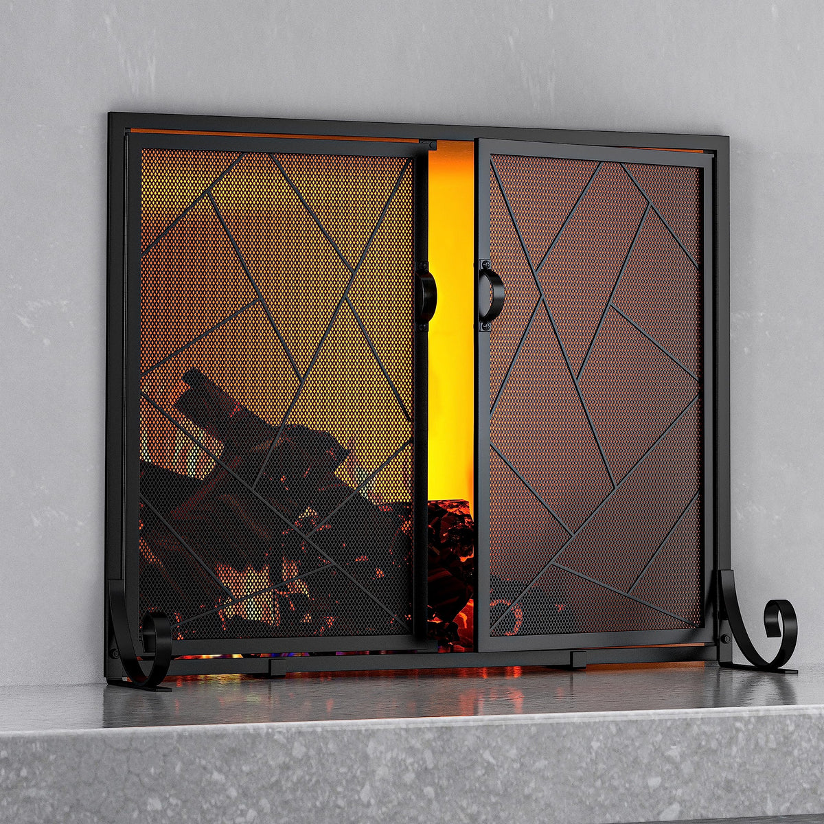 Hinged Fireplace Screen Iron Frame Fire Guard R433911