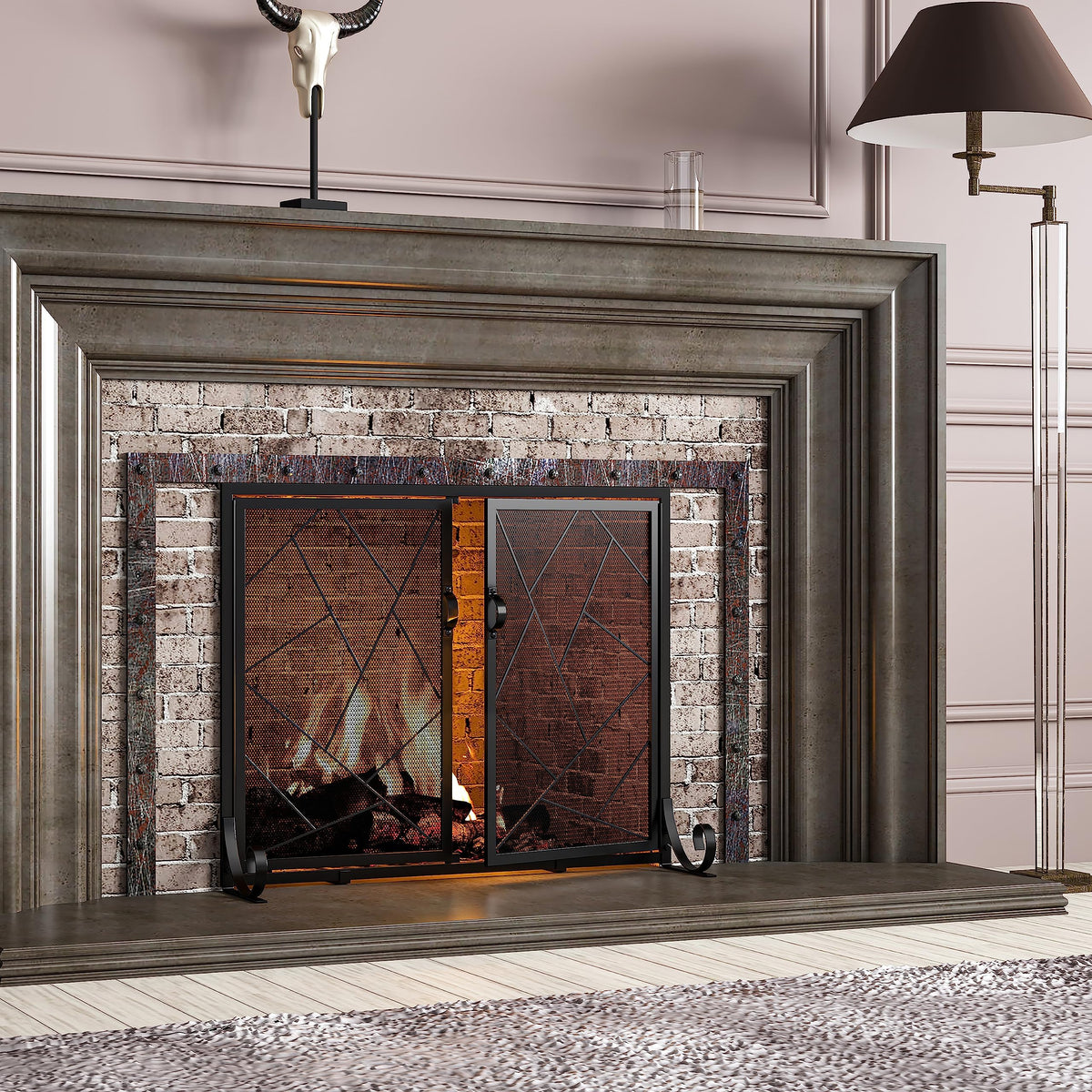 Hinged Fireplace Screen Iron Frame Fire Guard R433911